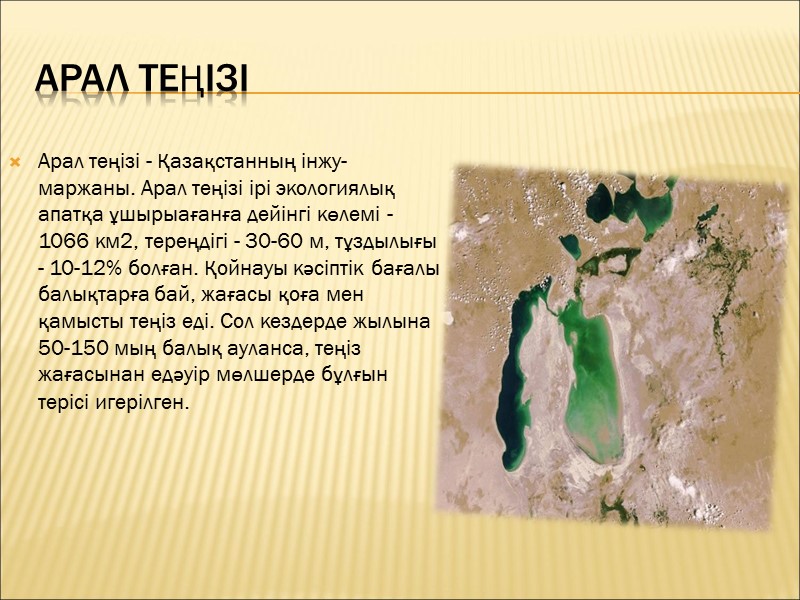 Арал теңізі Арал теңізі - Қазақстанның інжу-маржаны. Арал теңізі ірі экологиялық апатқа ұшырыағанға дейінгі